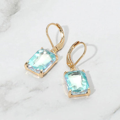 Rectangular Glass Stone Drop Dangle Earrings: AB,Aqua