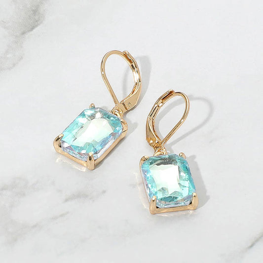 Rectangular Glass Stone Drop Dangle Earrings: AB,Aqua