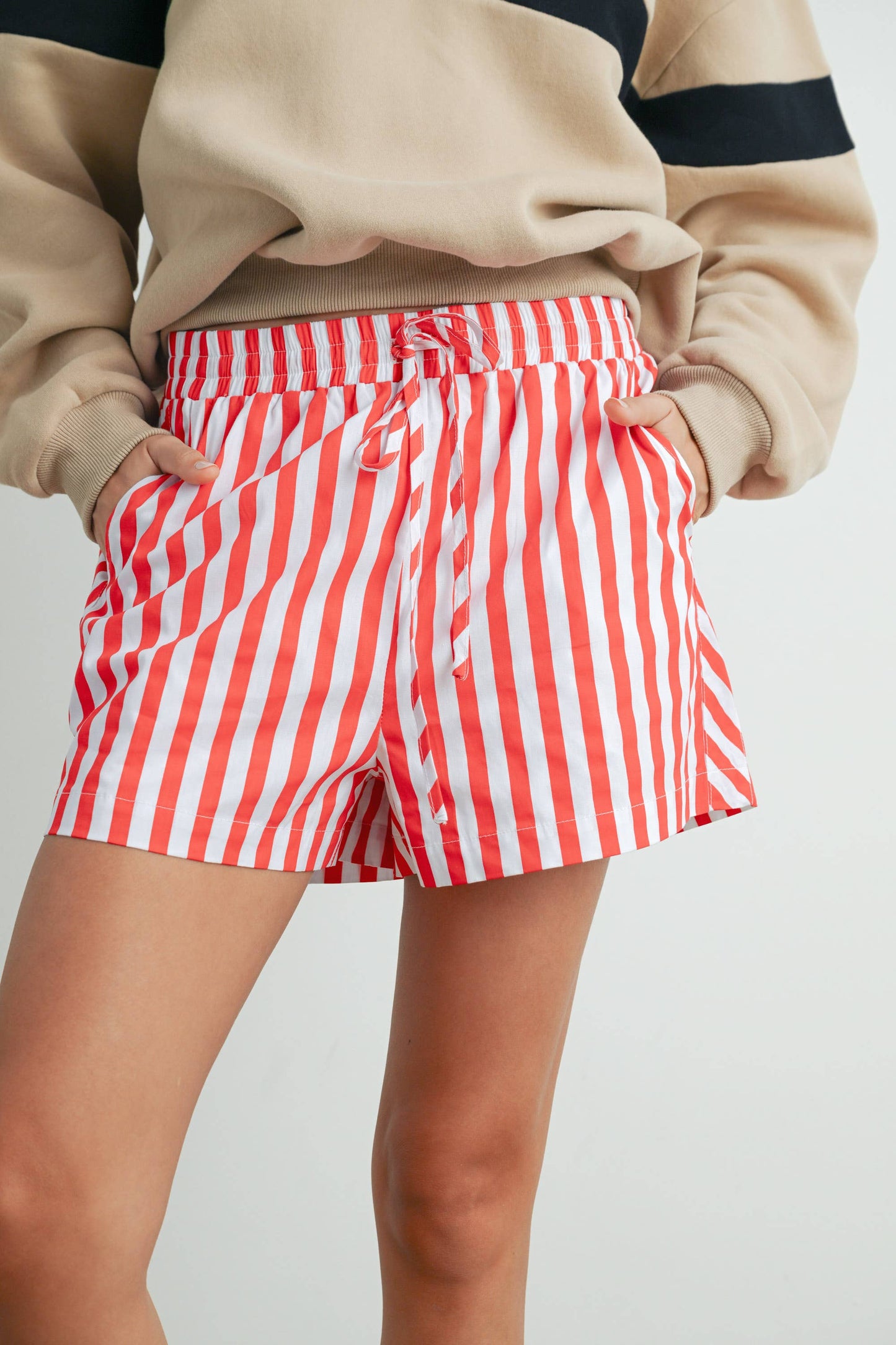 Striped Drawstring Pocket Boxer Shorts - BMP7534: GREEN / IVORY