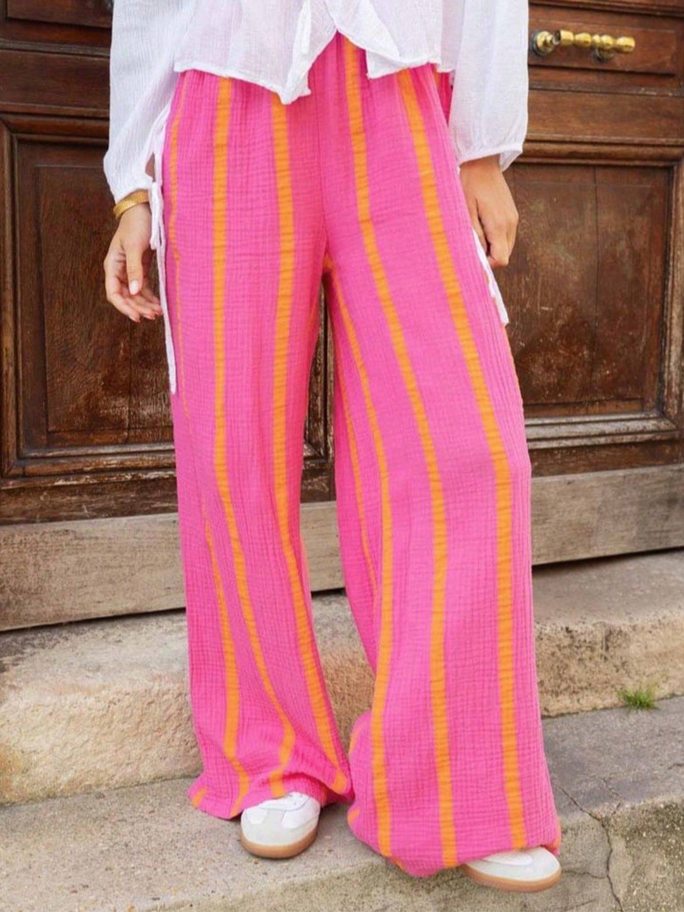 Vacation Texture Color Block Striped Wide Leg Pants: Pink