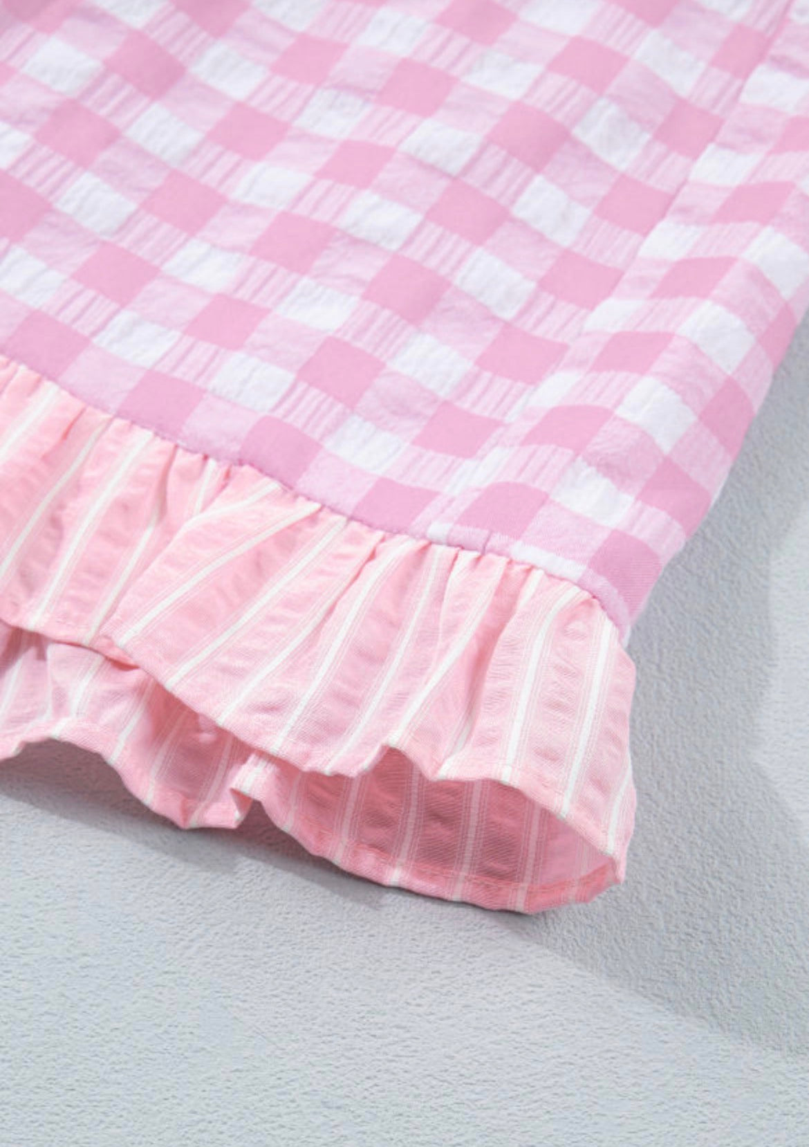 Pink Gingham Print Ruffle Stripped Detail Lace Tie Shorts