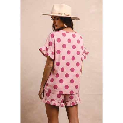 POLKA DOTS PRINTED RUFFLED TOP AND SHORTS SET: BLUSH/PINK