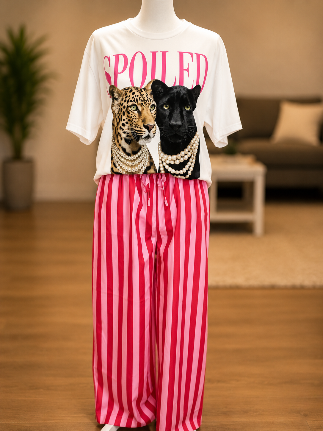 Multi Color Boho Beach Vertical Stripe Lace-Up Pants: Red