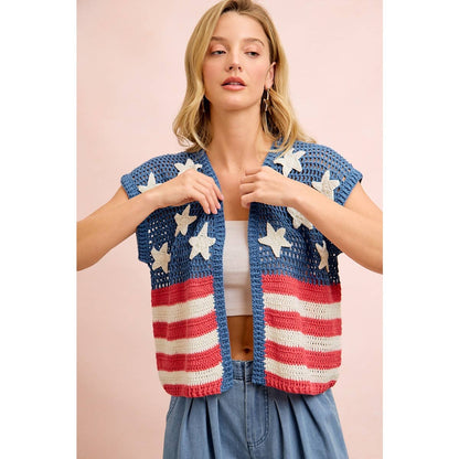 4TH OF JULY AMERICAN FLAG CROCHET SHORT SLEEVE CARDIGAN: AMERICAN FLAG