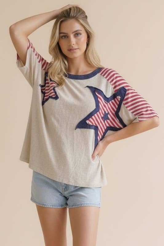 Plus Oversized Star Patch Stripe Color Block Top: Oatmeal/Red/Navy /
