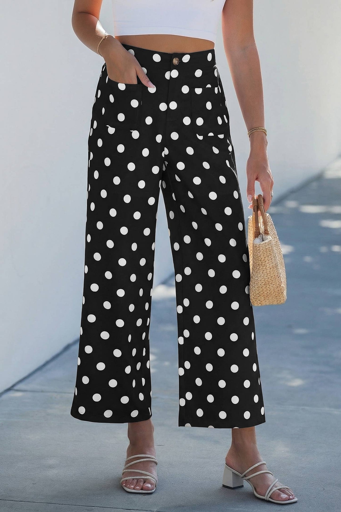 Polka Dot Print Patched Pocket Loose Pants: White