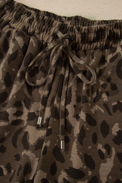 Leopard Raw Seam Patched Pullover Drawstring Loose Pant Set: Brown Short Set