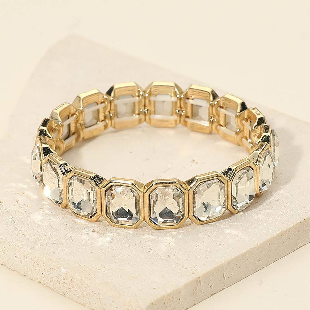 Rectangular Stone Frame Beaded Stretch Bracelet: Clear,Rhodium