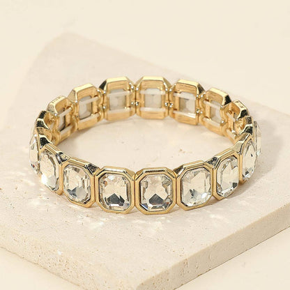 Rectangular Stone Frame Beaded Stretch Bracelet: Clear,Rhodium