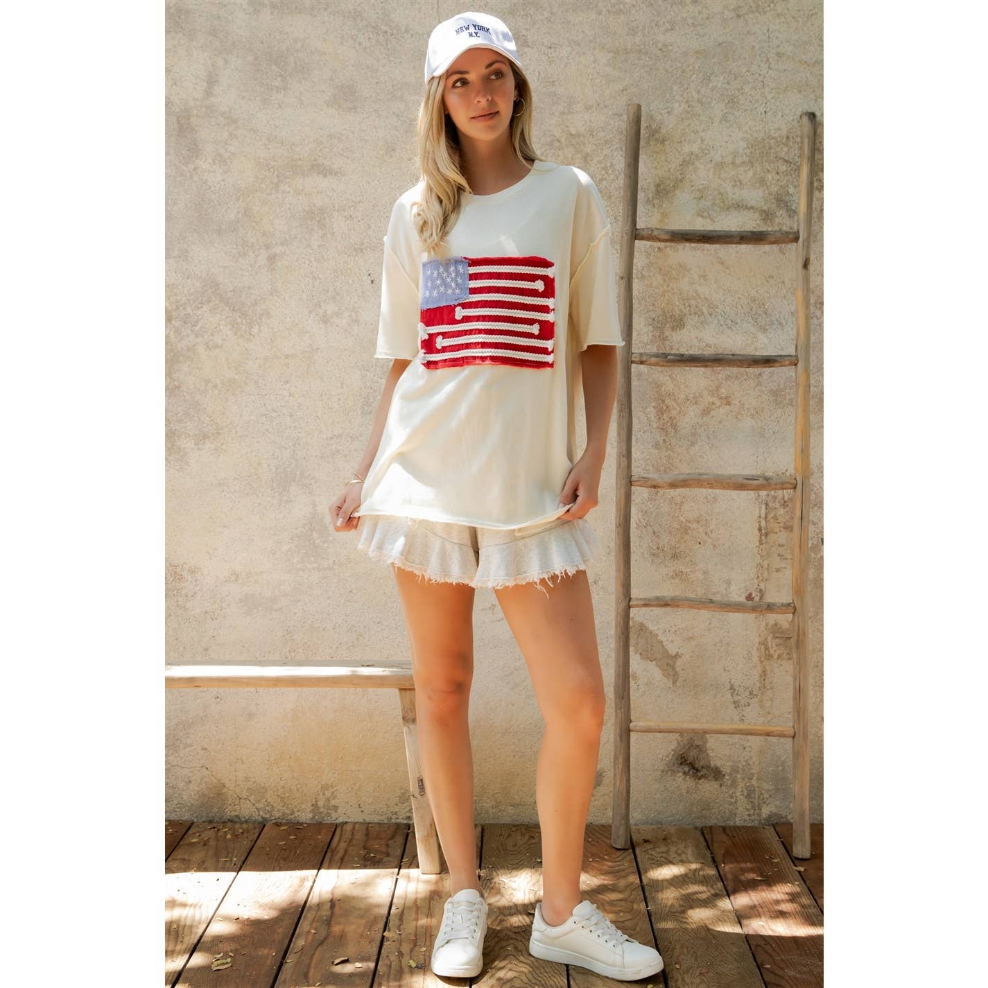 AMERICAN FLAG MINERAL WASH TOP (ST7304-C): Cream / S-M-L(2-2-2)