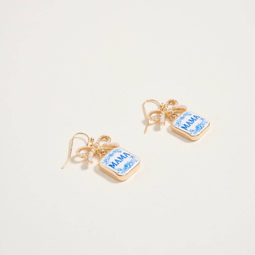 1.25 Inch Mama Enamel Charm Pearl Ribbon Earrings: Blue / ONE
