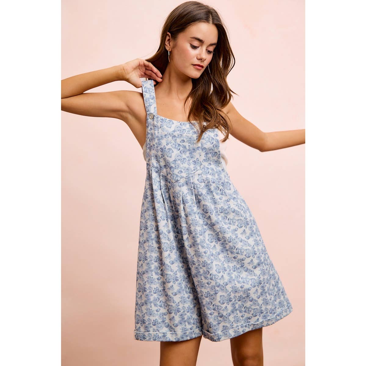 WASHED TWILL FLOWER PRINTED SHORTALL WITH POCKETS: DENIM