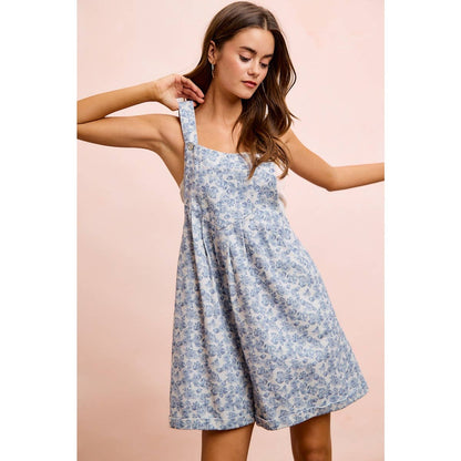 WASHED TWILL FLOWER PRINTED SHORTALL WITH POCKETS: DENIM