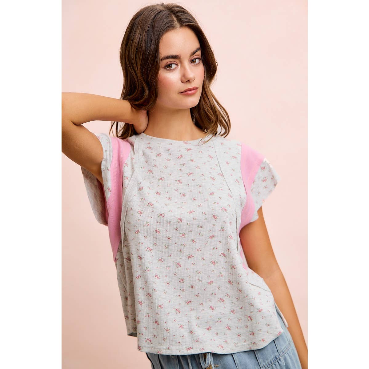 FLORAL RIB CUT EDGE DETAIL SHORT SLEEVES TOP: H Blush