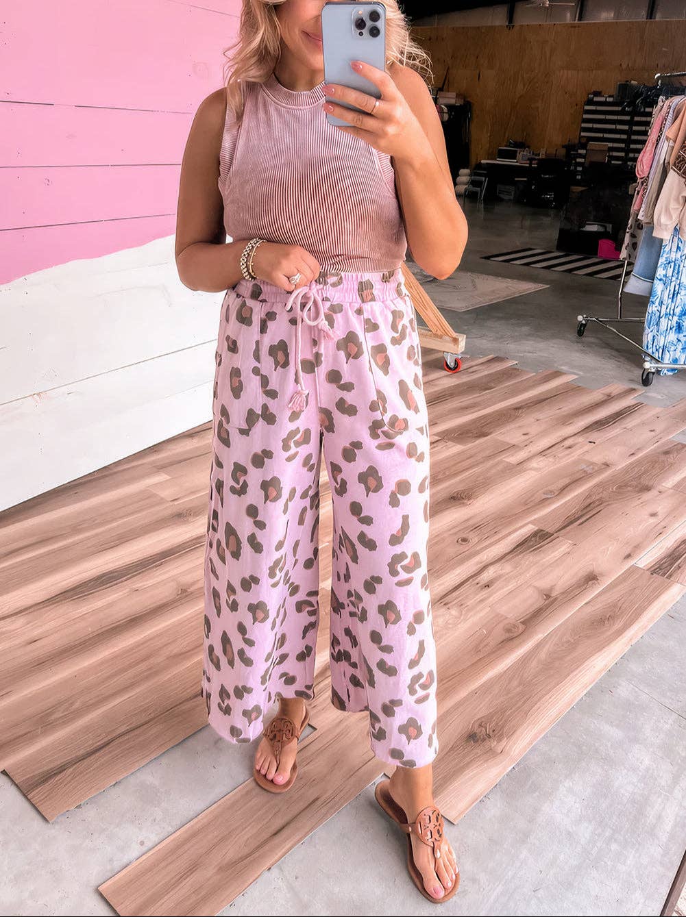 Pink Drawstring Leopard Print Patch Pocket Loose Pants: Pink / 95%Polyester+5%Elastane