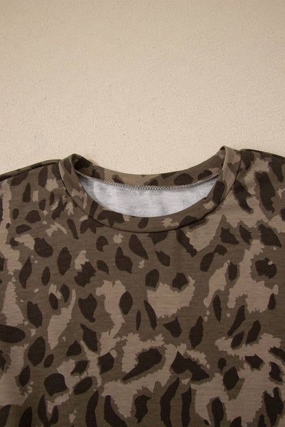 Leopard Raw Seam Patched Pullover Drawstring Loose Pant Set: Brown Short Set