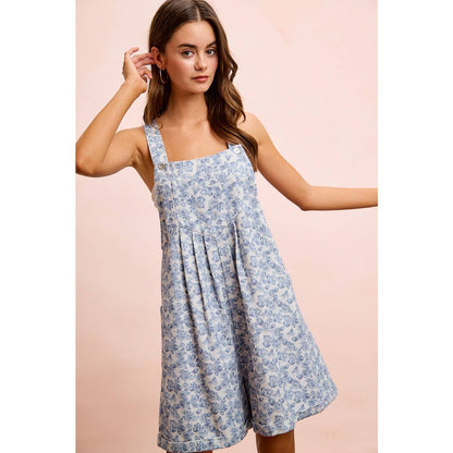 WASHED TWILL FLOWER PRINTED SHORTALL WITH POCKETS: DENIM
