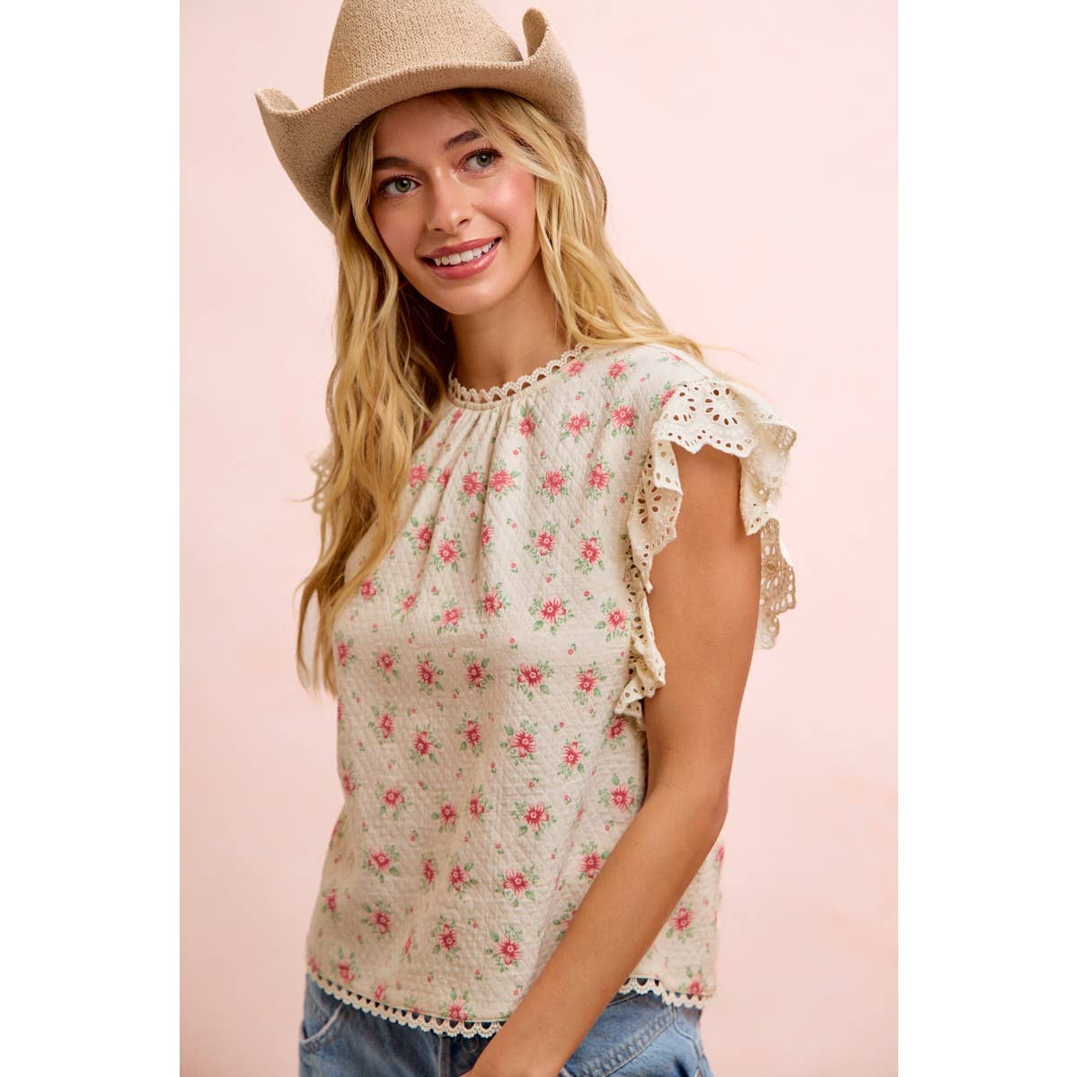 FLOWER PRINTED LACE TRIM EDGE DETAIL BLOUSE TOP: RED FLOWER