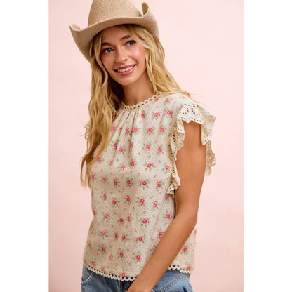 FLOWER PRINTED LACE TRIM EDGE DETAIL BLOUSE TOP: RED FLOWER