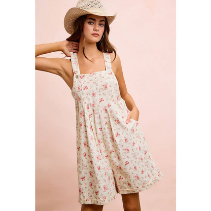 FLORAL TWILL PRINTED CHEST POCKET DETAIL SHORTALL: CREAM/PINK