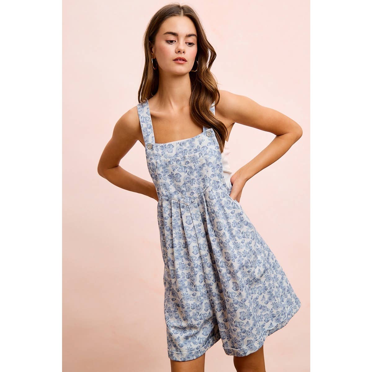 WASHED TWILL FLOWER PRINTED SHORTALL WITH POCKETS: DENIM