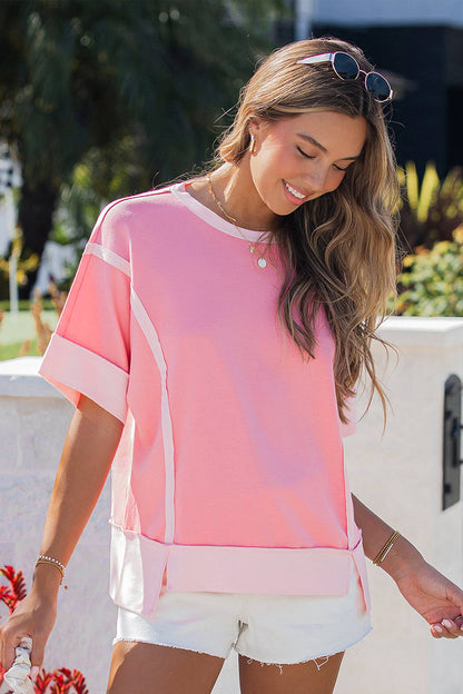 Half Sleeve Raw Seam High Low Side Split Top: Peach Blossom