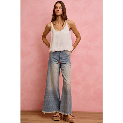 MID RISE WIDE LEG EMBELLISHED JEANS DENIM PANTS: DENIM / S