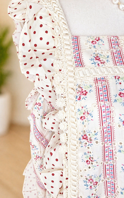 PRINT EYELET EMBROIDERED RUFFLE SLEEVE TOP: CREAM RED