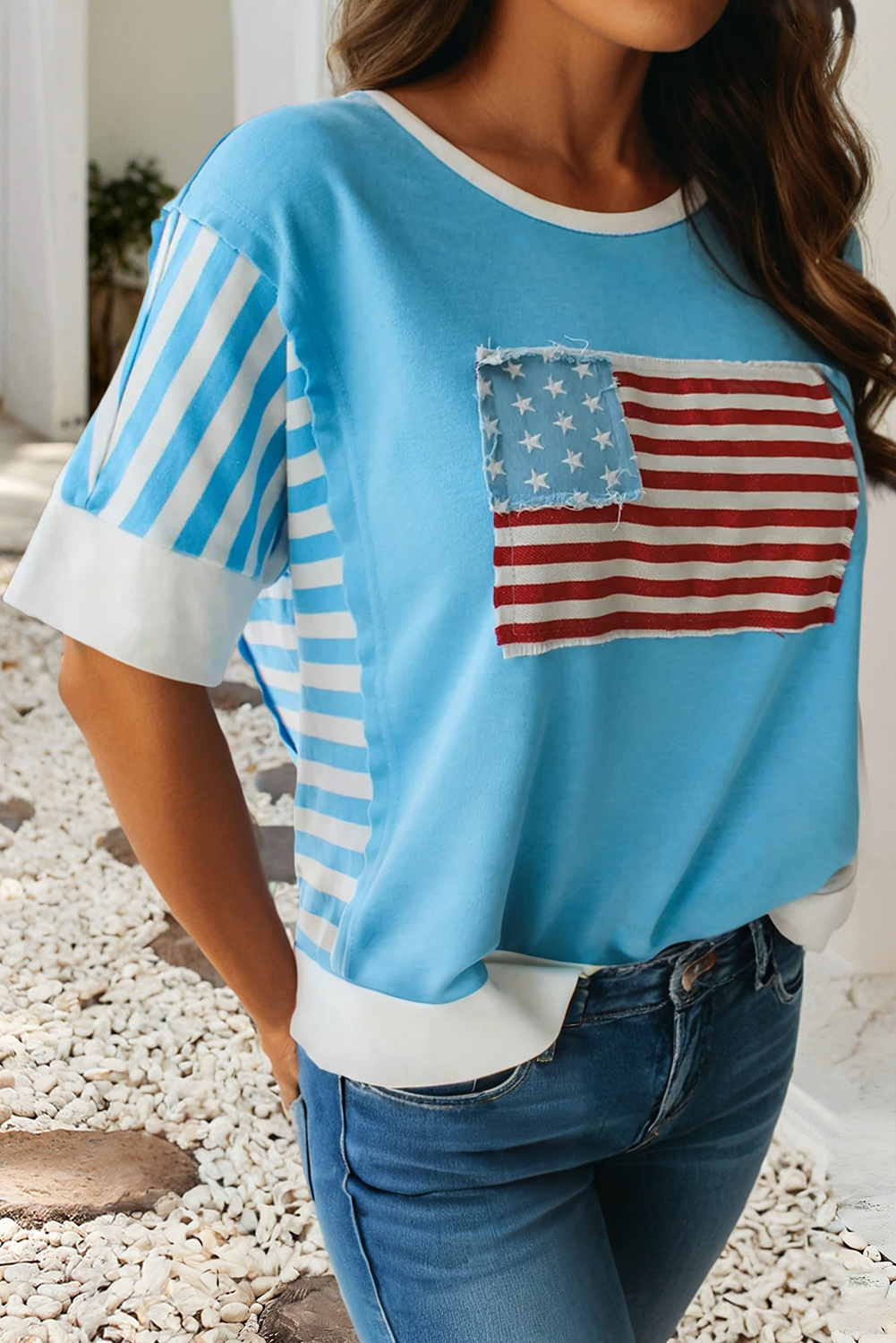 LDC Flag Print Patchwork Colorblock July 4th T Shirt: Light Blue / M
