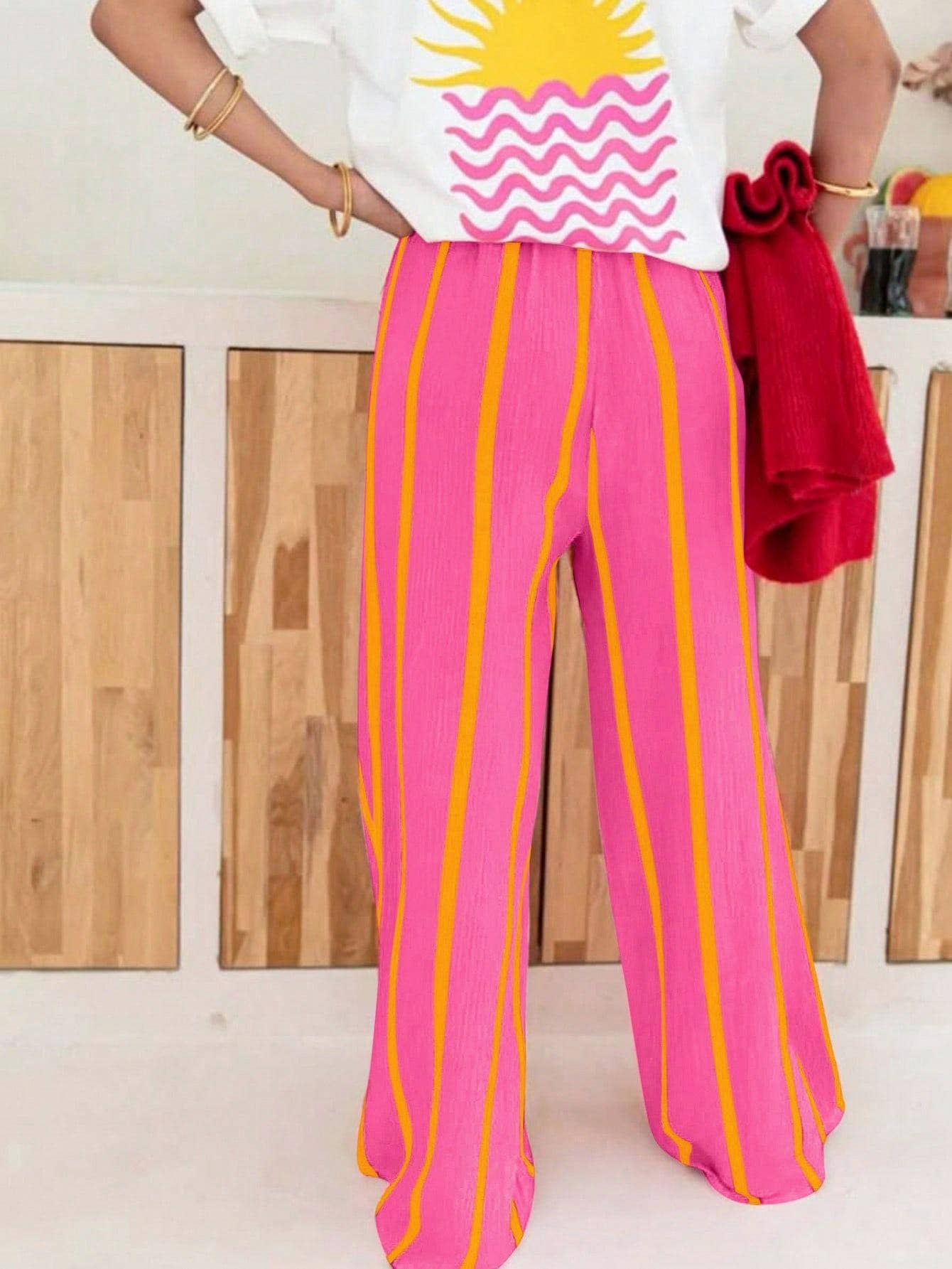 Vacation Texture Color Block Striped Wide Leg Pants: Pink