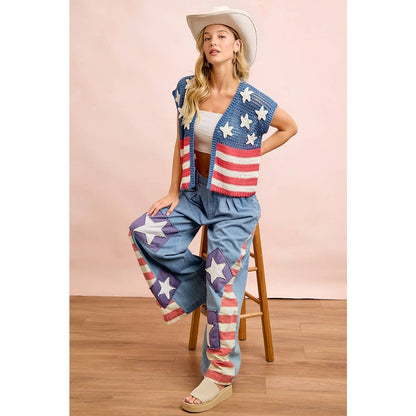 4TH OF JULY AMERICAN FLAG CROCHET SHORT SLEEVE CARDIGAN: AMERICAN FLAG