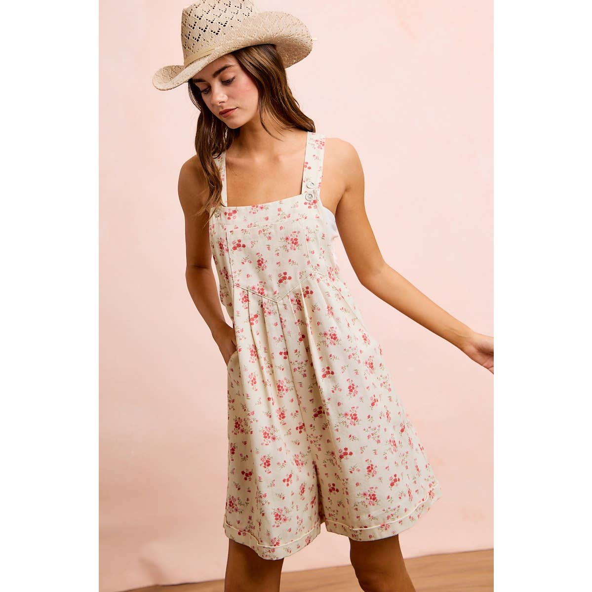 FLORAL TWILL PRINTED CHEST POCKET DETAIL SHORTALL: CREAM/PINK