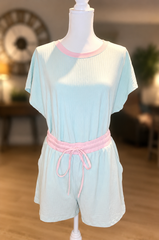 Ladies Aqua Soft Ribbed Color Block Trim Casual Short Set