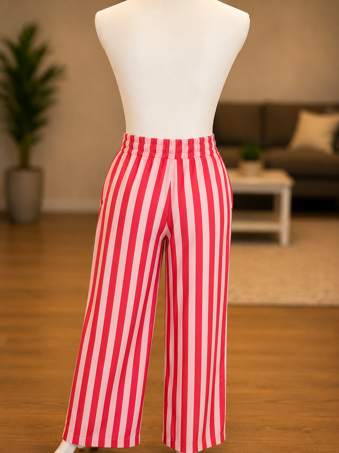 Multi Color Boho Beach Vertical Stripe Lace-Up Pants: Red