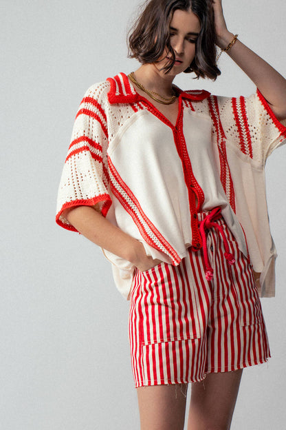 Striped High-Rise Denim Shorts: RED / S-2/M-2/L-2