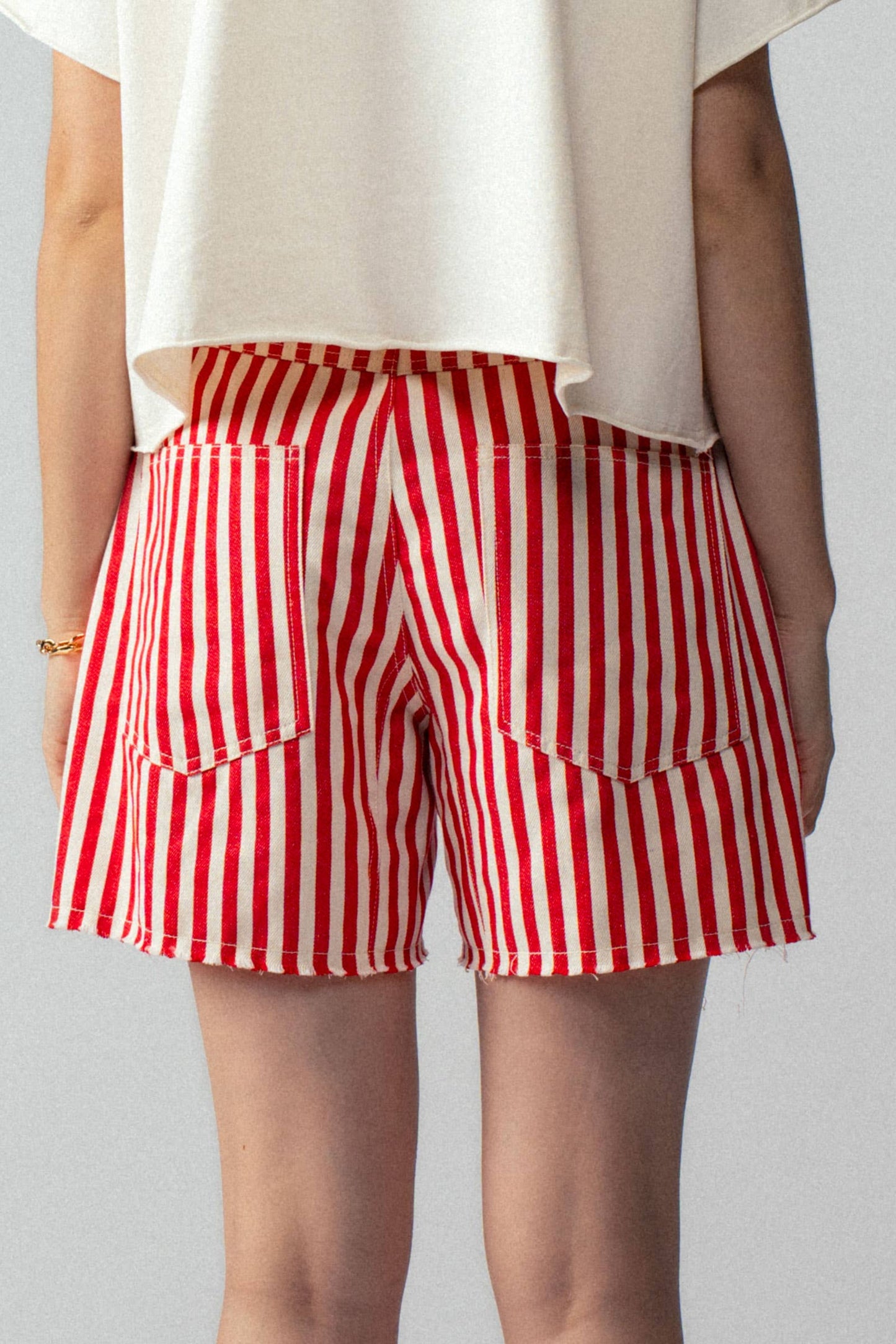 Striped High-Rise Denim Shorts: RED / S-2/M-2/L-2