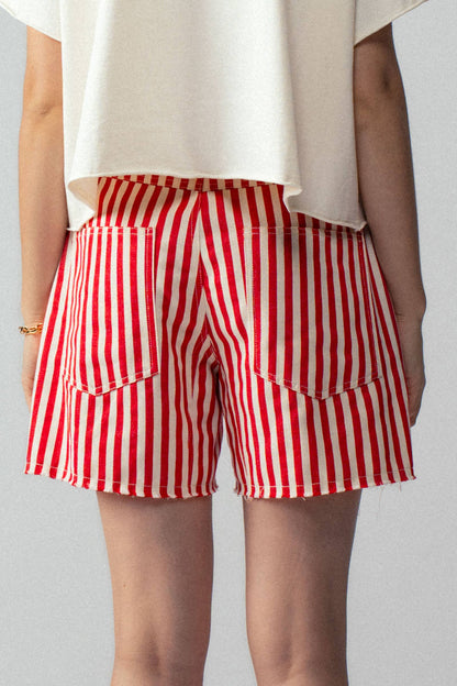 Striped High-Rise Denim Shorts: RED / S-2/M-2/L-2