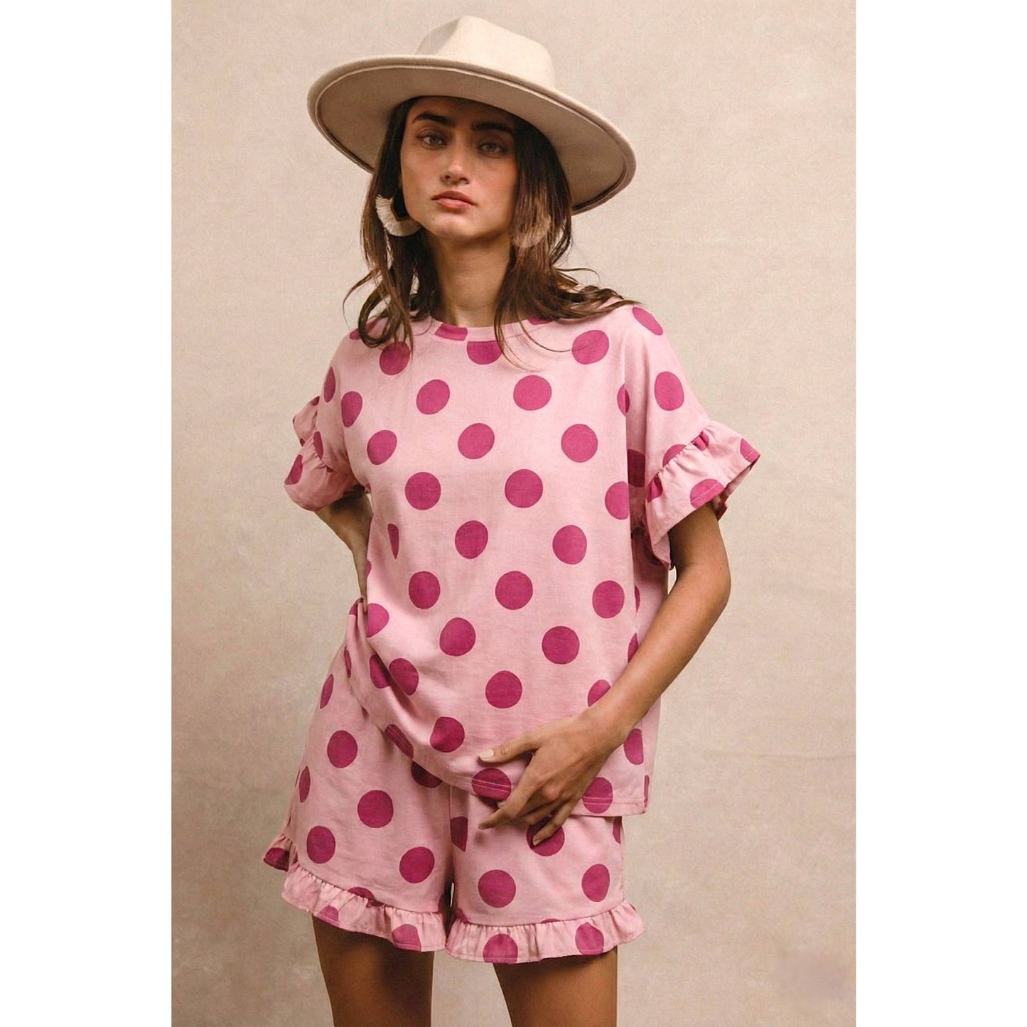 POLKA DOTS PRINTED RUFFLED TOP AND SHORTS SET: BLUSH/PINK