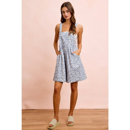 WASHED TWILL FLOWER PRINTED SHORTALL WITH POCKETS: DENIM