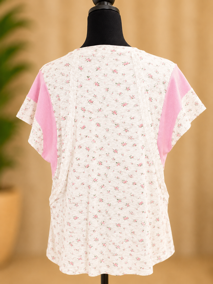 FLORAL RIB CUT EDGE DETAIL SHORT SLEEVES TOP: H Blush