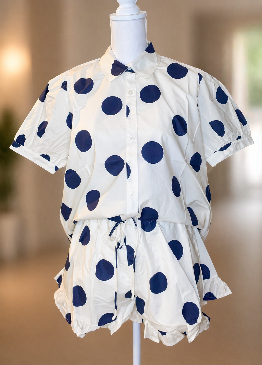 Wide Polka Dot Ruffle Hem Detailed Oversized Shirt: CREAM/NAVY / 2-2-2(S-M-L)