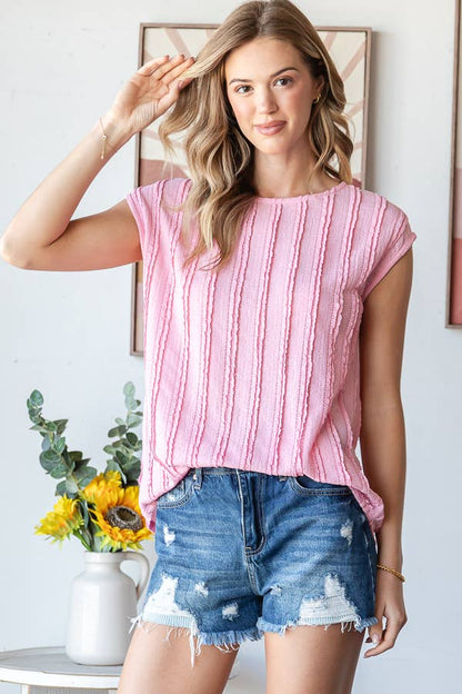 Lightweight Stripe Textured Cap Sleeves Blouse T5948: Pink