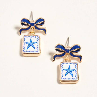 Bow Shell Print Square Frame Drop Earrings: Navy