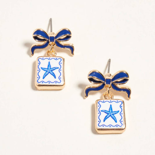 Bow Shell Print Square Frame Drop Earrings: Navy