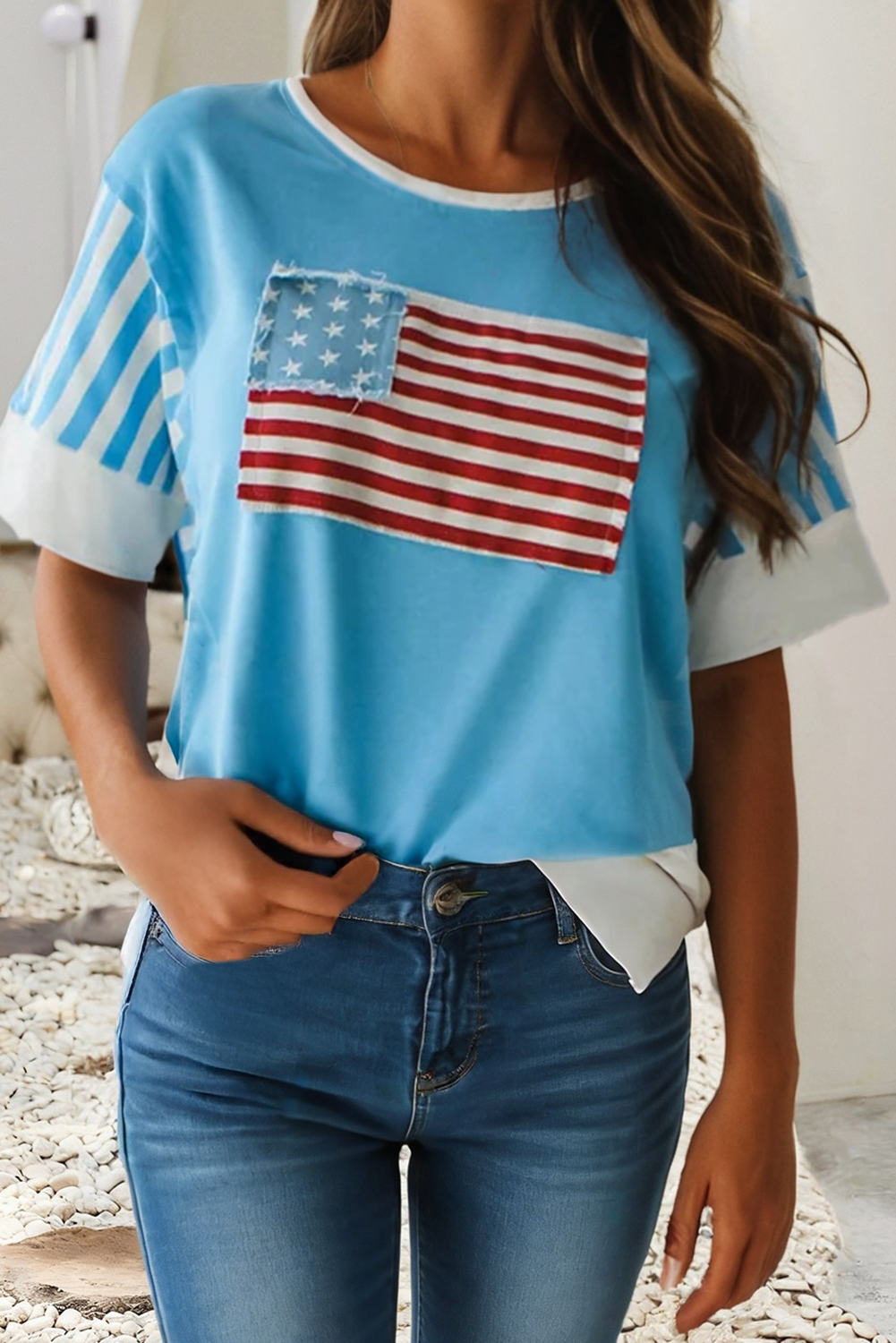 LDC Flag Print Patchwork Colorblock July 4th T Shirt: Light Blue / M