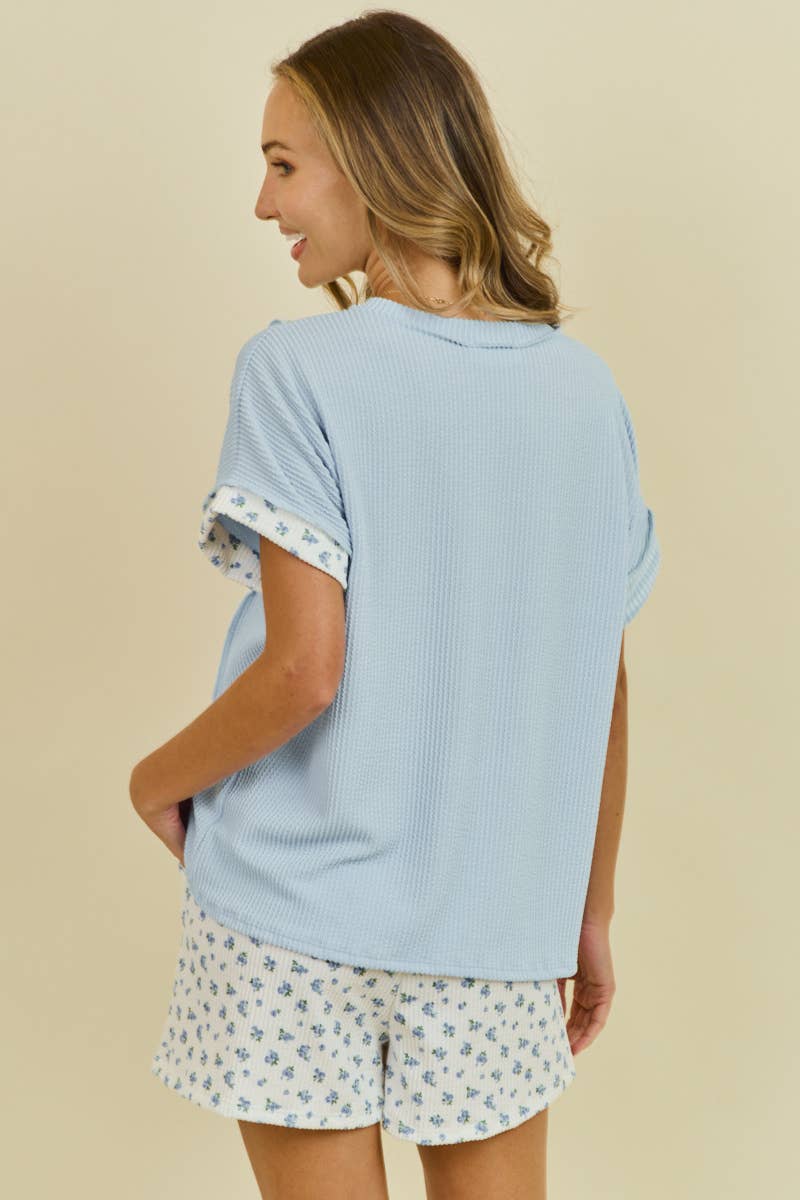 LMT4926-Gingham blossoms ribbed shirt: LT BLUE