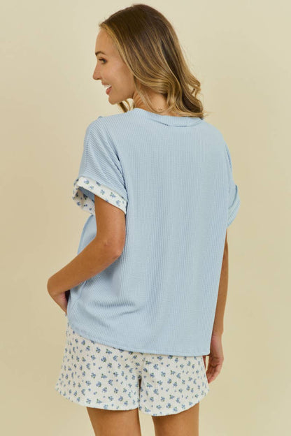 LMT4926-Gingham blossoms ribbed shirt: LT BLUE