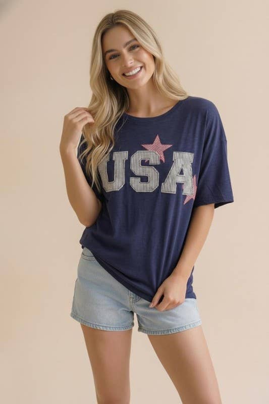 Short Sleeve Oversized Star and Usa Patchwork: Navy