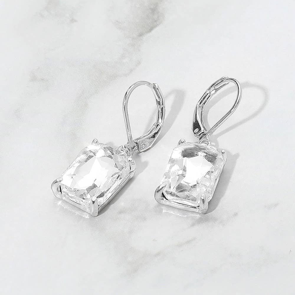 Rectangular Glass Stone Drop Dangle Earrings: Clear,Silver
