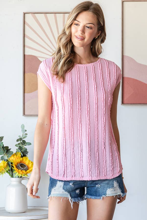 Lightweight Stripe Textured Cap Sleeves Blouse T5948: Pink